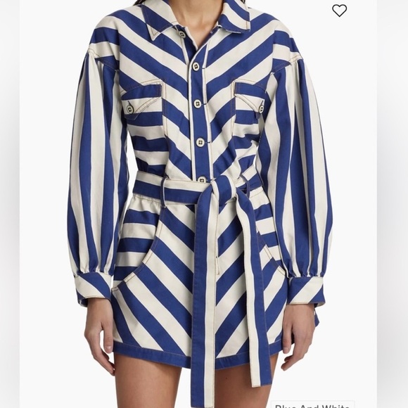 NWT FARM Rio Women’s Blue and White Striped Printed Romper Jumpsuit Tie Belt XXS - Picture 10 of 16